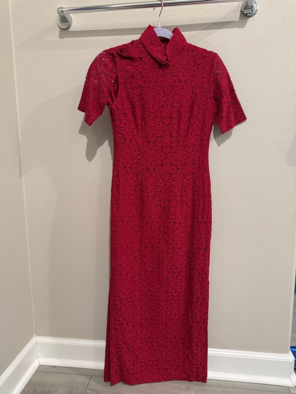 Red Lace Midi Dress with High Collar